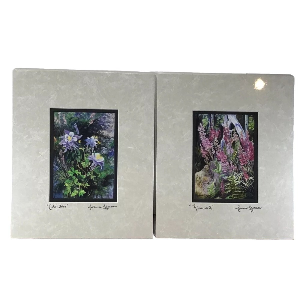 Joanne Hennes Lithograph Prints "Columbine" & "Fireweed" Florals Matted 12x10
